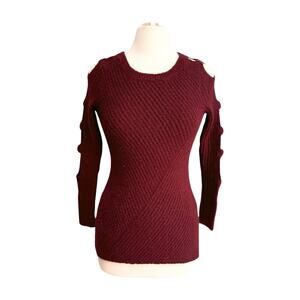 Burgundy Sleeve Ladder Cutout Knit Sweater